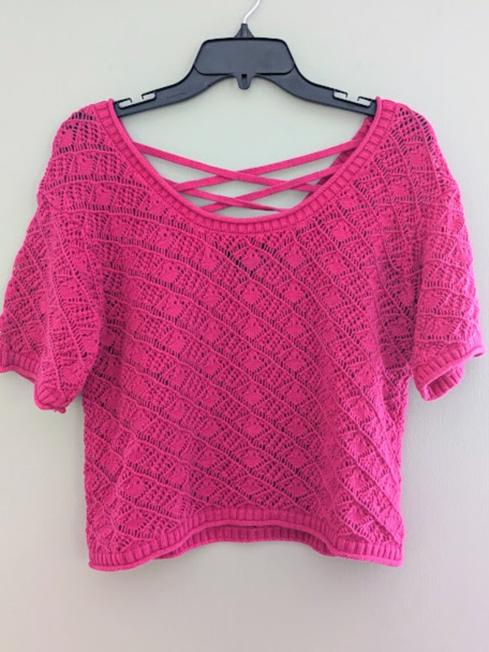 Sweater Project Pink Open Knit Off the Shoulder Short Sleeve Sweater Size Large